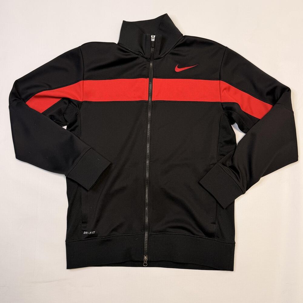 Nike Dri-FIT Track Jacket Mens Small Black Red Full Zip Swoosh Running Athletic